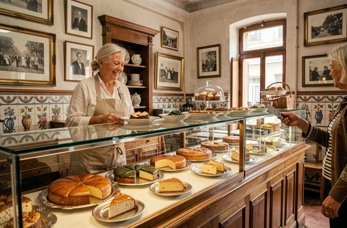 Comptoir historique d'une pâtisserie niçoise avec spécialités traditionnelles sur plateaux argentés