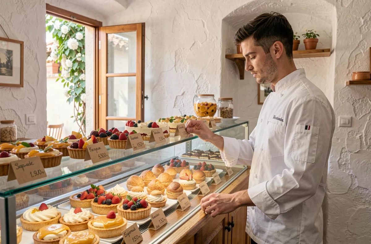 Jeune pâtissier ajustant une vitrine d'entremets et de tartes artisanales dans sa boutique de Vence
