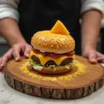 Pâtisserie trompe l'oeil en forme de cheeseburger réalisée en gâteau, ganache et massepain posée sur une planche en bois dans une pâtisserie française