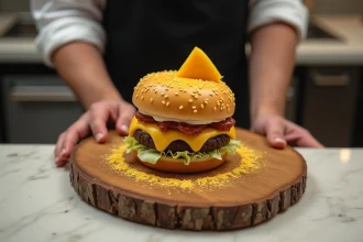 Pâtisserie trompe l'oeil en forme de cheeseburger réalisée en gâteau, ganache et massepain posée sur une planche en bois dans une pâtisserie française