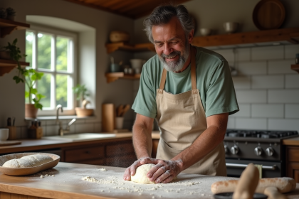 Homme en tablier pétrissant la pâte à pain dans une cuisine rustique