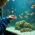 Personne nourrissant poissons tropicaux dans un aquarium clair