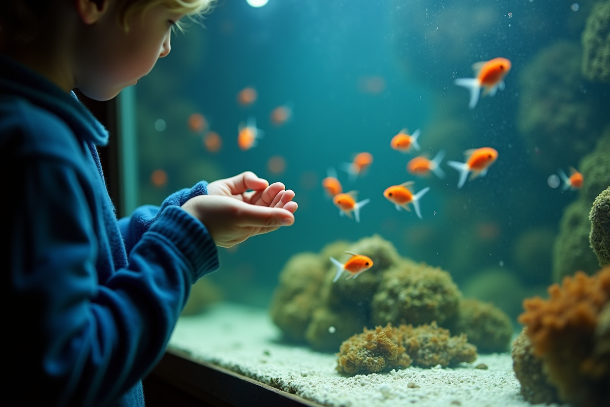 Personne nourrissant poissons tropicaux dans un aquarium clair
