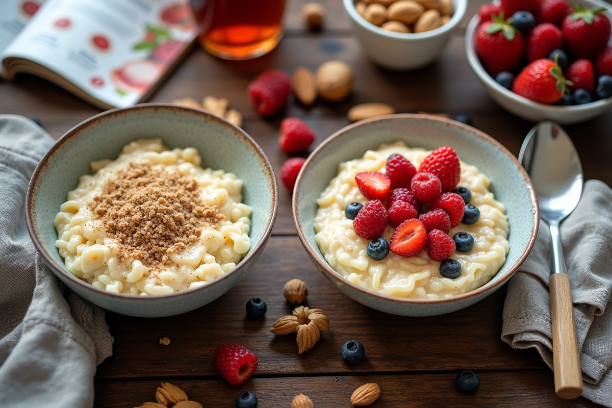 Table avec bols de porridge et aliments sains vue de dessus