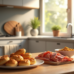 Table de petit déjeuner avec viennoiseries et céréales sous lumière naturelle