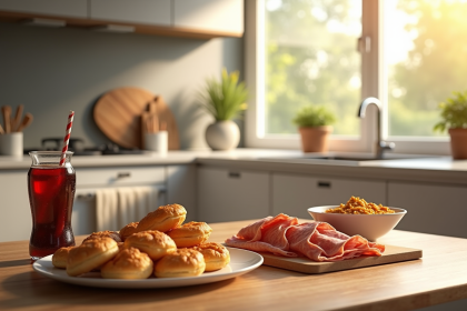 Table de petit déjeuner avec viennoiseries et céréales sous lumière naturelle