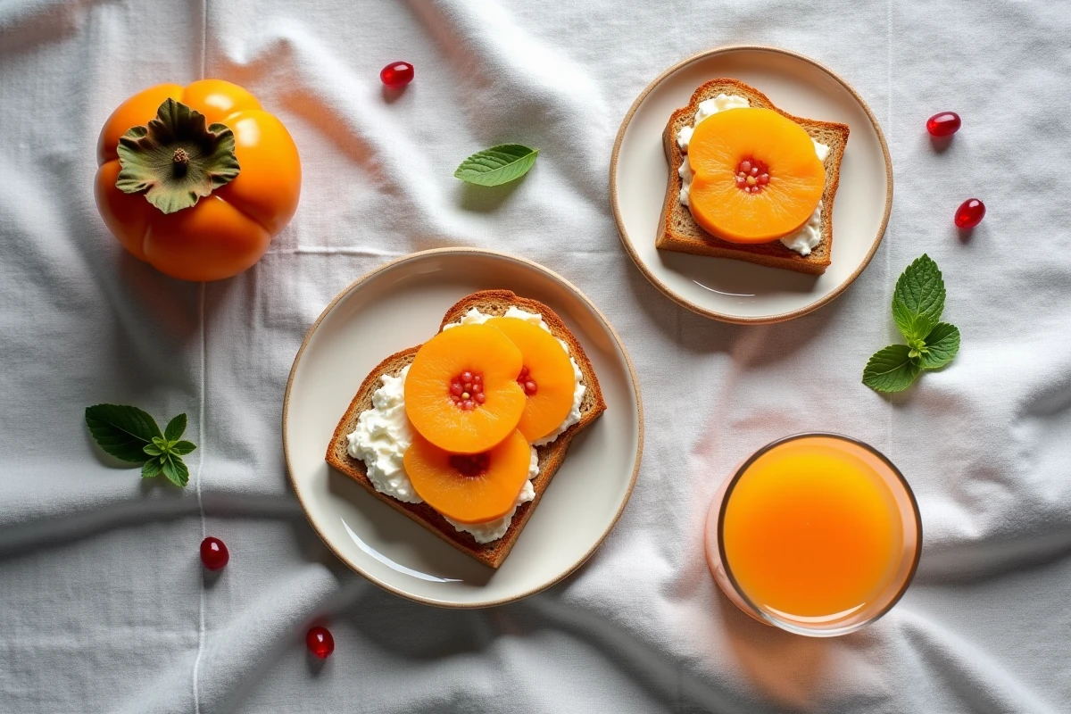 Vue de dessus d'un petit-déjeuner avec kaki tranché sur toast et jus d'orange sur table en lin