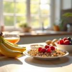 Table de petit déjeuner avec bananes tranchées et options saines