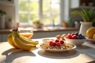 Table de petit déjeuner avec bananes tranchées et options saines