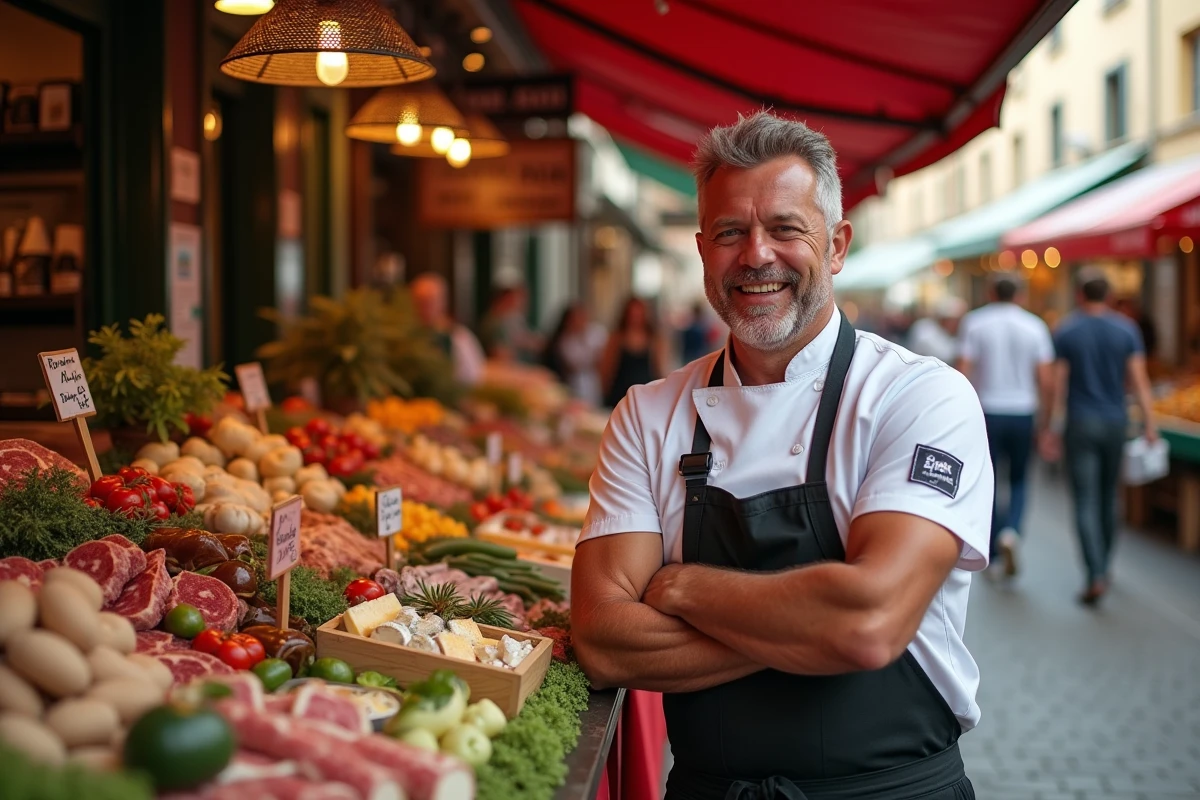 Philippe Etchebest au marché artisanal, discutant avec des producteurs locaux devant un étal de charcuteries et fromages régionaux