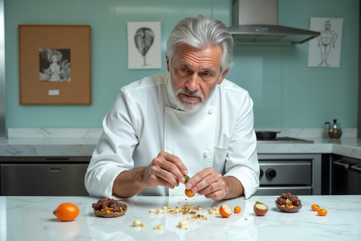 Pierre Gagnaire dans son laboratoire culinaire parisien, examinant attentivement un ingrédient rare au-dessus d'une composition de dressage déconstructiviste