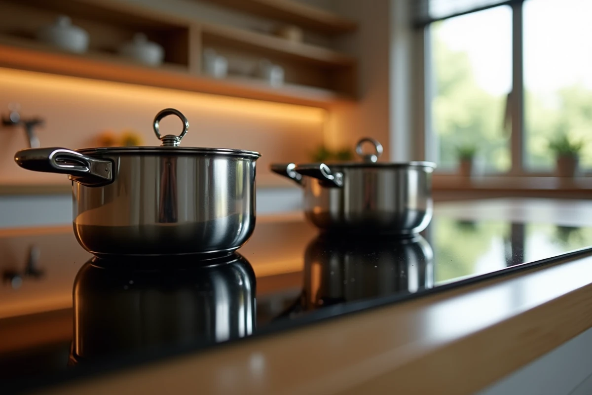 Plaque vitrocéramique propre et brillante après nettoyage dans une cuisine chaleureuse en bois