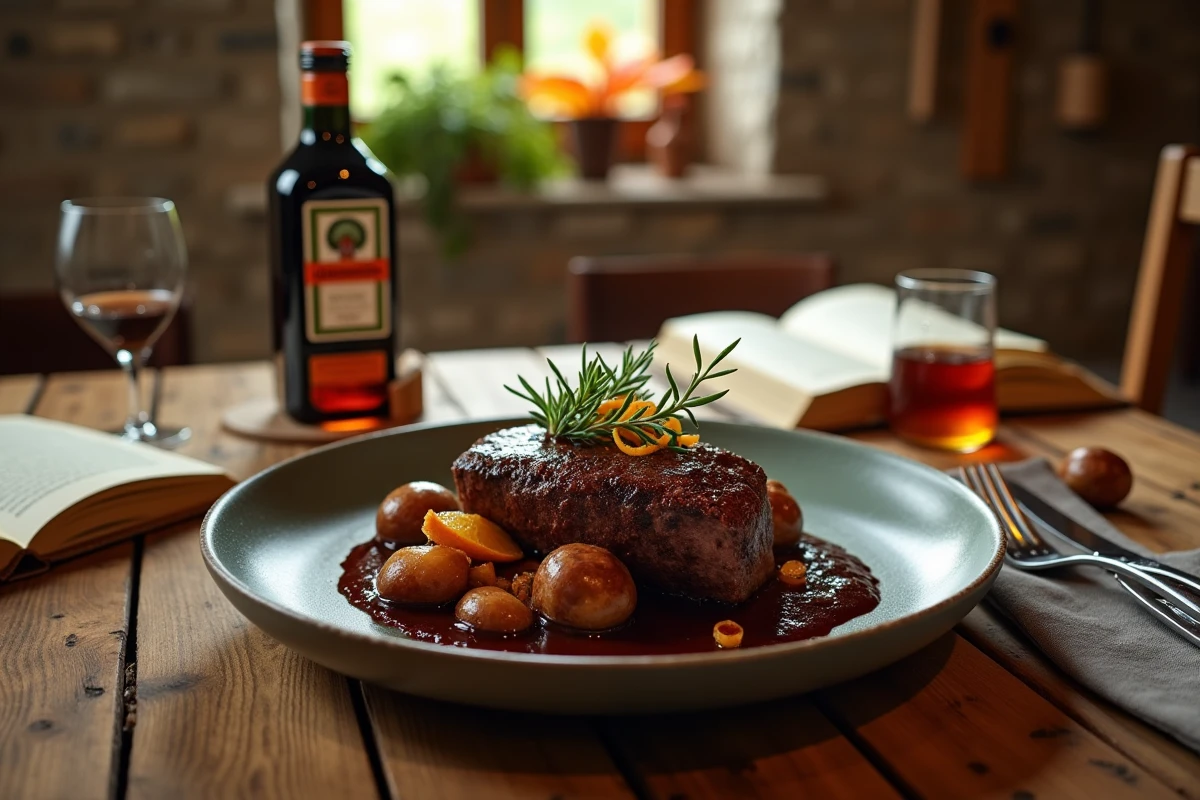 Plat de sanglier braisé avec réduction de Jägermeister servi sur une table rustique en bois dans une ambiance automne