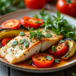 Assiette de légumes rôtis aux herbes avec poisson blanc grillé
