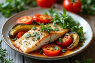 Assiette de légumes rôtis aux herbes avec poisson blanc grillé