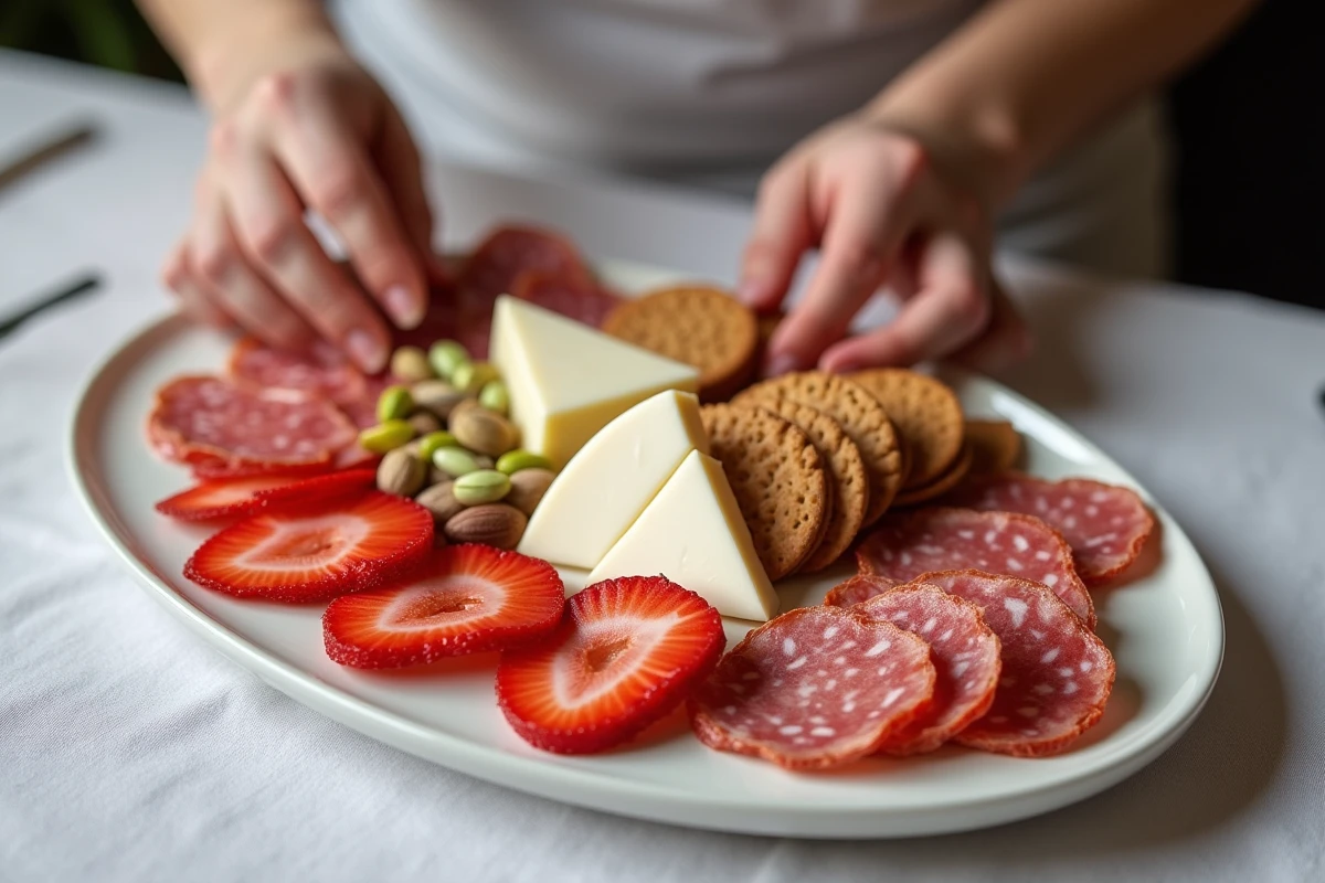 Plateau de charcuterie entièrement réalisé en pâtisseries trompe l'oeil avec pâte de fruit, chocolat blanc et tuiles aux amandes sur nappe en lin