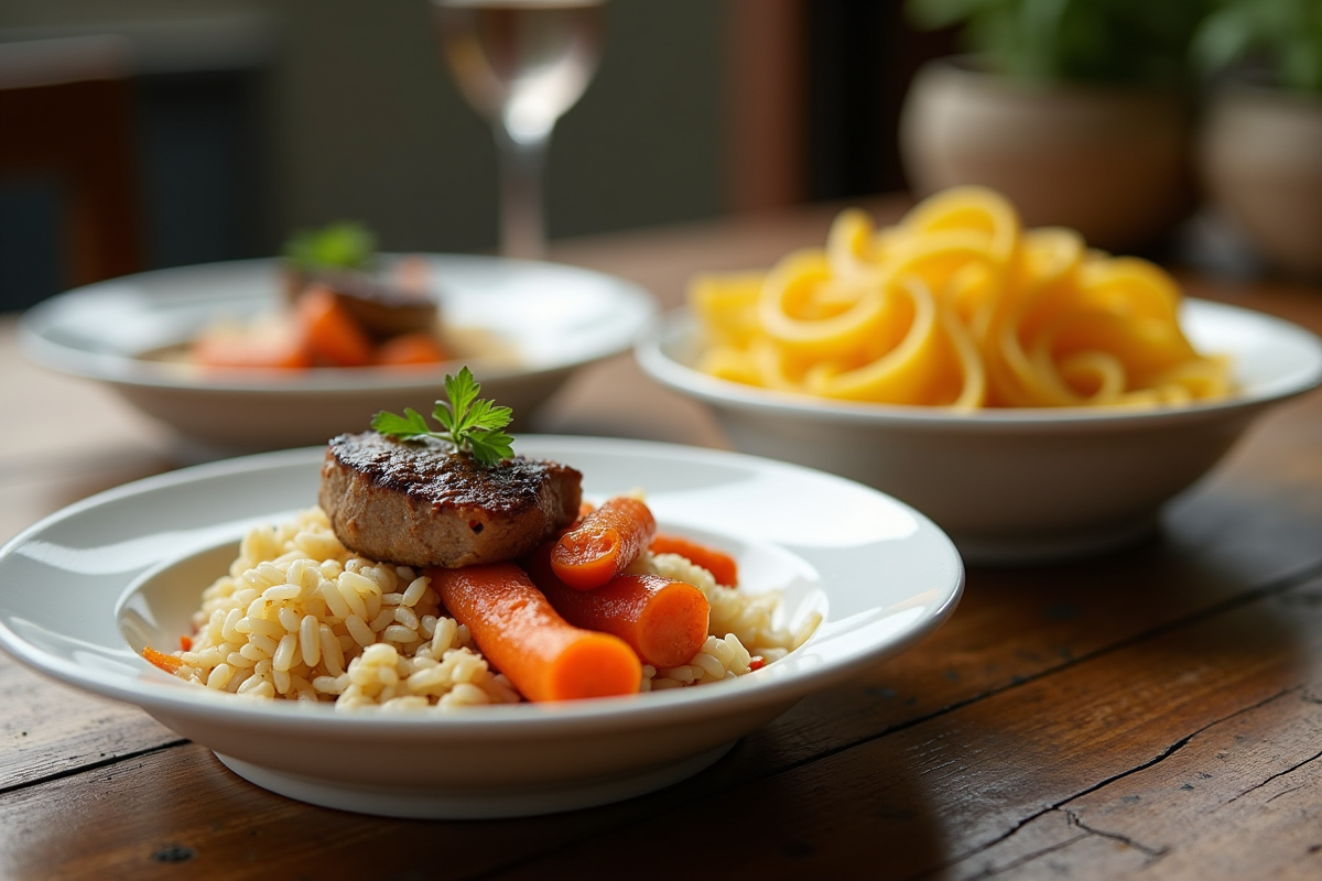 Trois plats élégants pour blanquette de veau riz carotte et tagliatelles