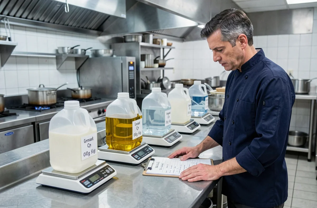 Chef professionnel comparant le poids de différents liquides du quotidien sur des balances en cuisine professionnelle