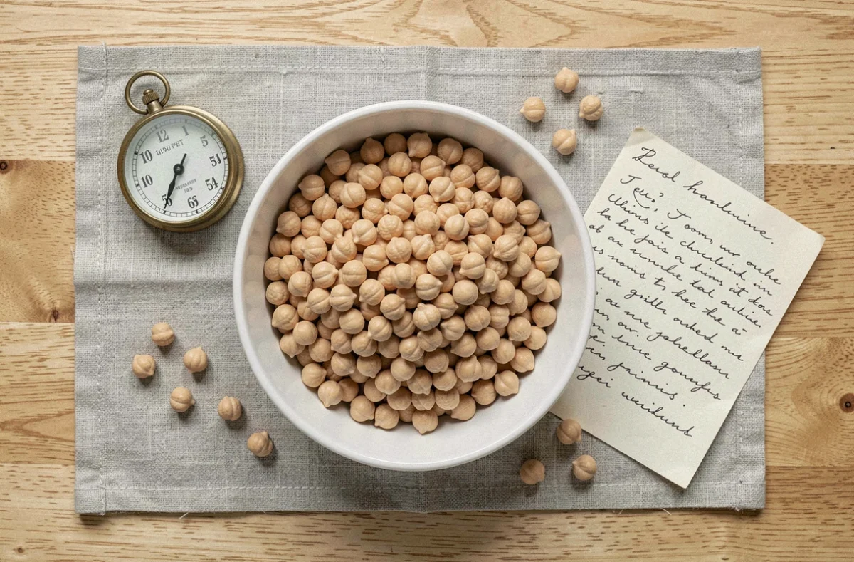 Vue de dessus d'un bol de pois chiches cuits à la cocotte-minute avec minuteur vintage et fiche recette sur table en chêne