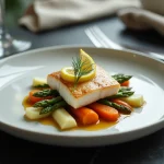 Assiette de poisson blanc avec légumes rôtis fenouil asperges et carottes glacées présentation chic restaurant