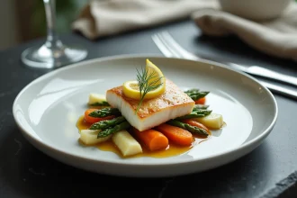 Assiette de poisson blanc avec légumes rôtis fenouil asperges et carottes glacées présentation chic restaurant