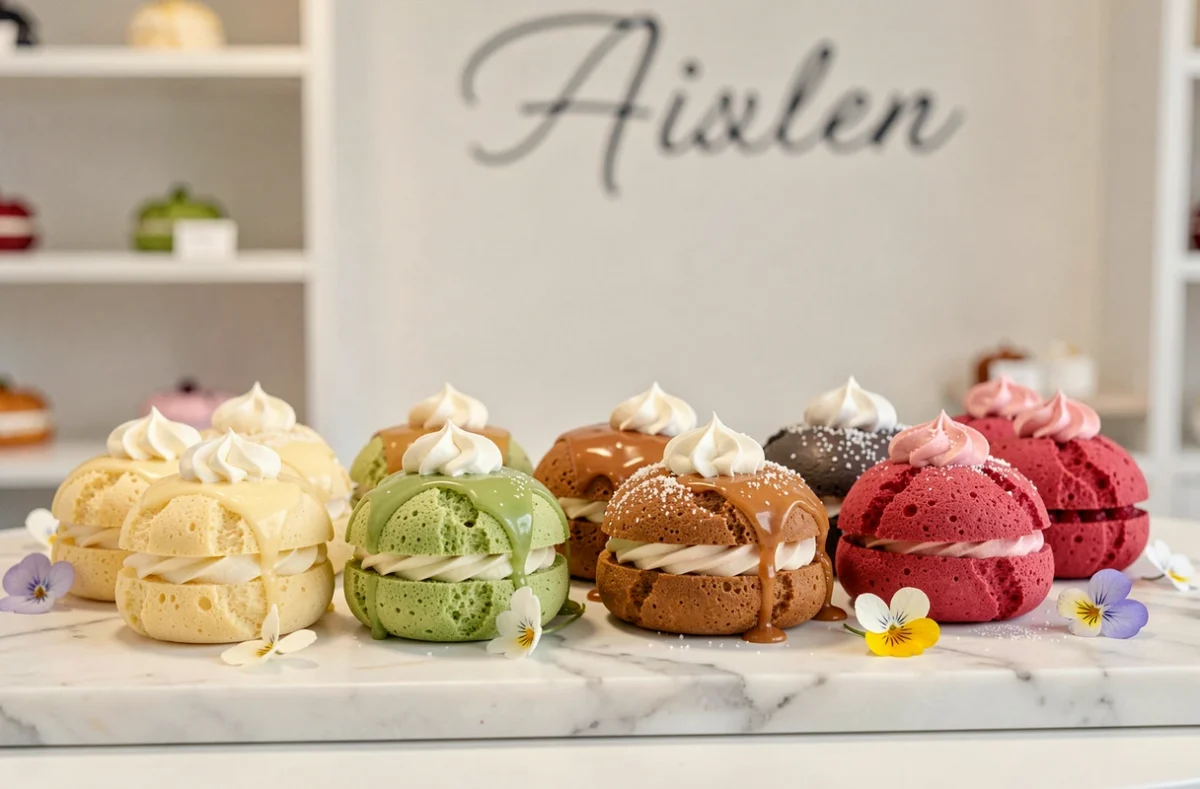 Rangée de choux à la crème aux parfums variés sur marbre blanc dans une boutique d'Aix-en-Provence