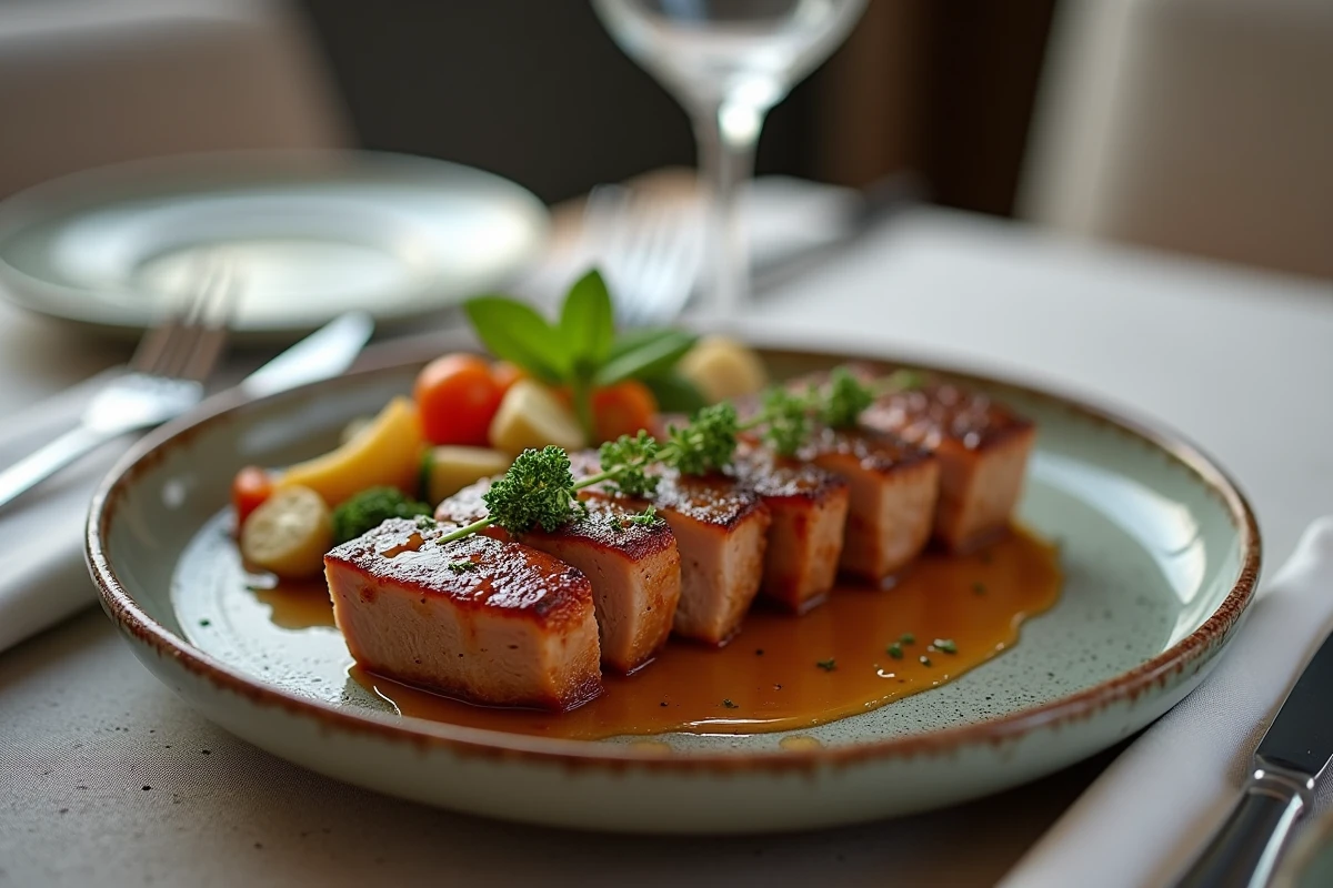 Gros plan sur un filet de porc miel soja avec garnitures