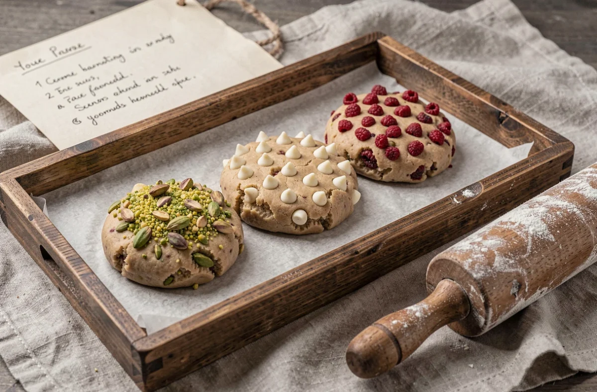 Trois portions de pâte à cookie personnalisées avec pistaches, chocolat blanc et framboises lyophilisées sur plateau en bois rustique