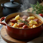 Potée au chou traditionnelle avec épaule de porc fumée et saucisse dans une cocotte en céramique rustique