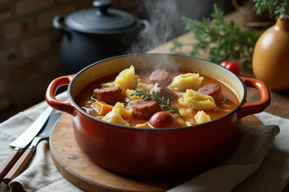 Potée au chou traditionnelle avec épaule de porc fumée et saucisse dans une cocotte en céramique rustique