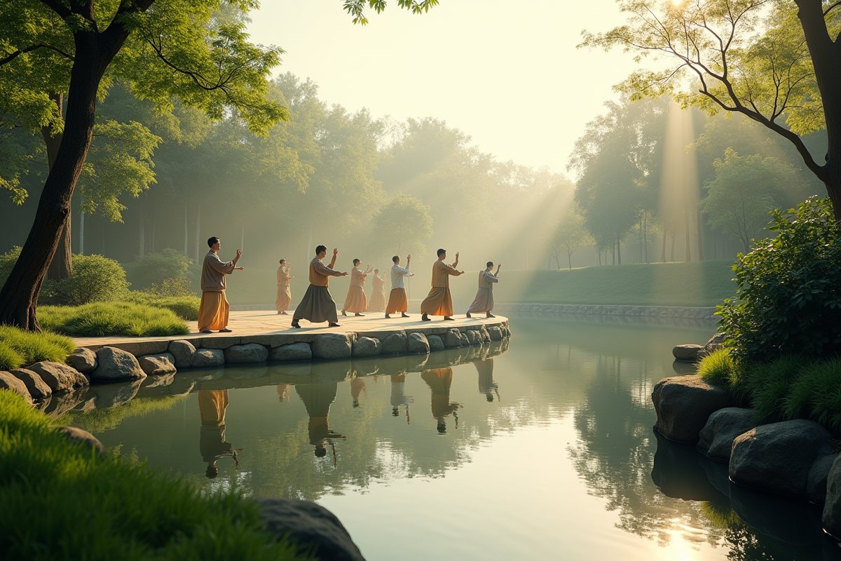 Groupe pratiquant le tai chi dans un parc chinois au matin calme