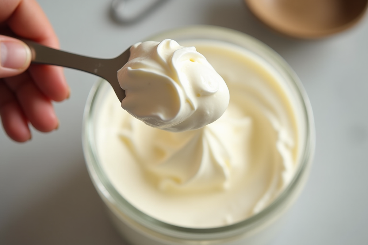 Main soulevant la creme vanille fouettee avec spatule