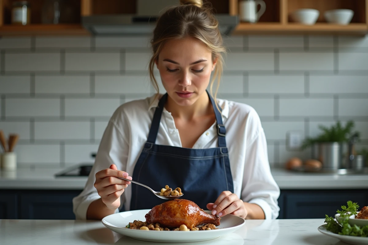 Femme qui dresse une assiette de confit de canard avec des champignons sautés dans une cuisine moderne pour un repas rapide