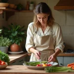 Femme préparant une assiette végétarienne complète avec des légumes de saison du printemps dans une cuisine rustique