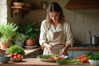 Femme préparant une assiette végétarienne complète avec des légumes de saison du printemps dans une cuisine rustique