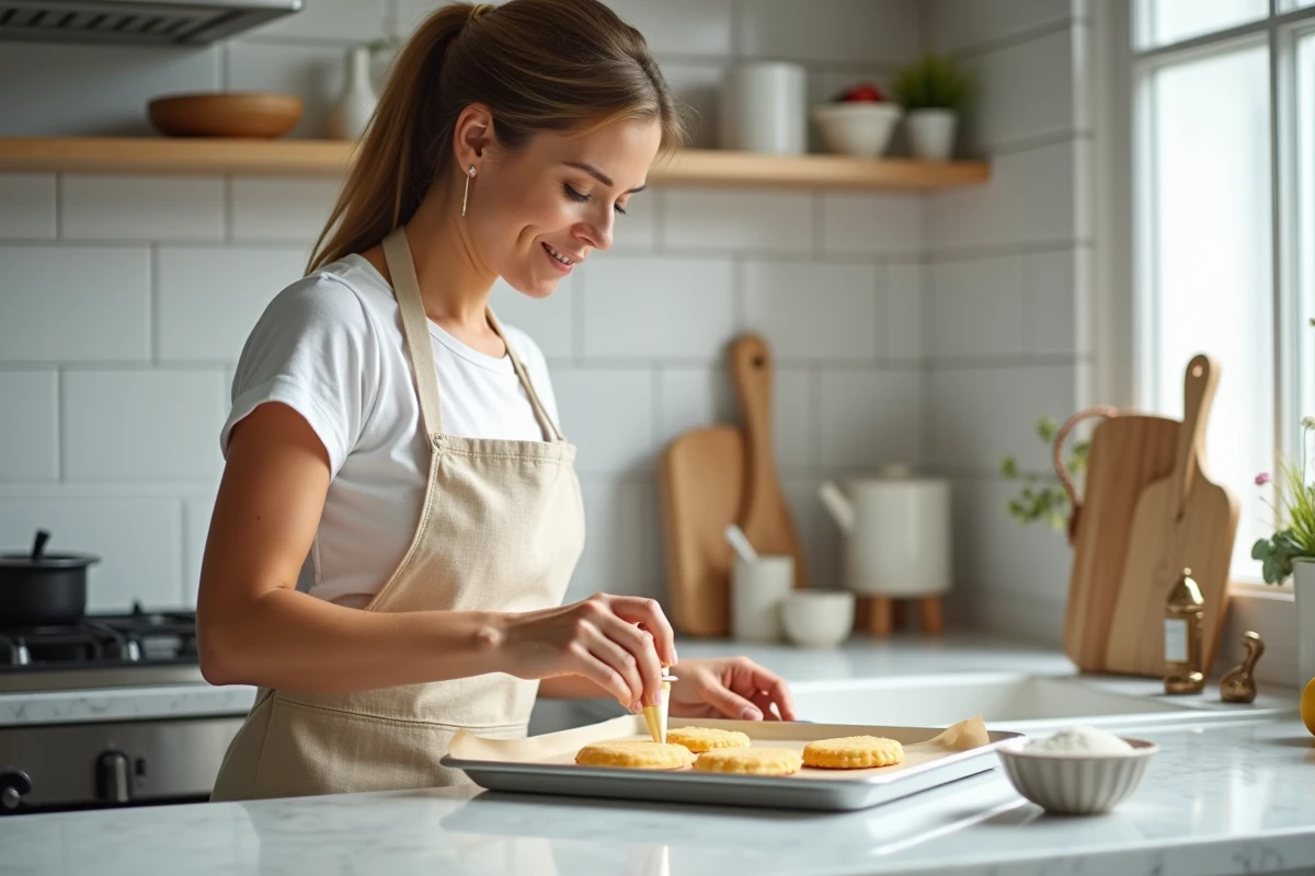 Femme en tablier préparant des biscuits cuillère à la vanille en pochant la pâte sur une plaque de cuisson