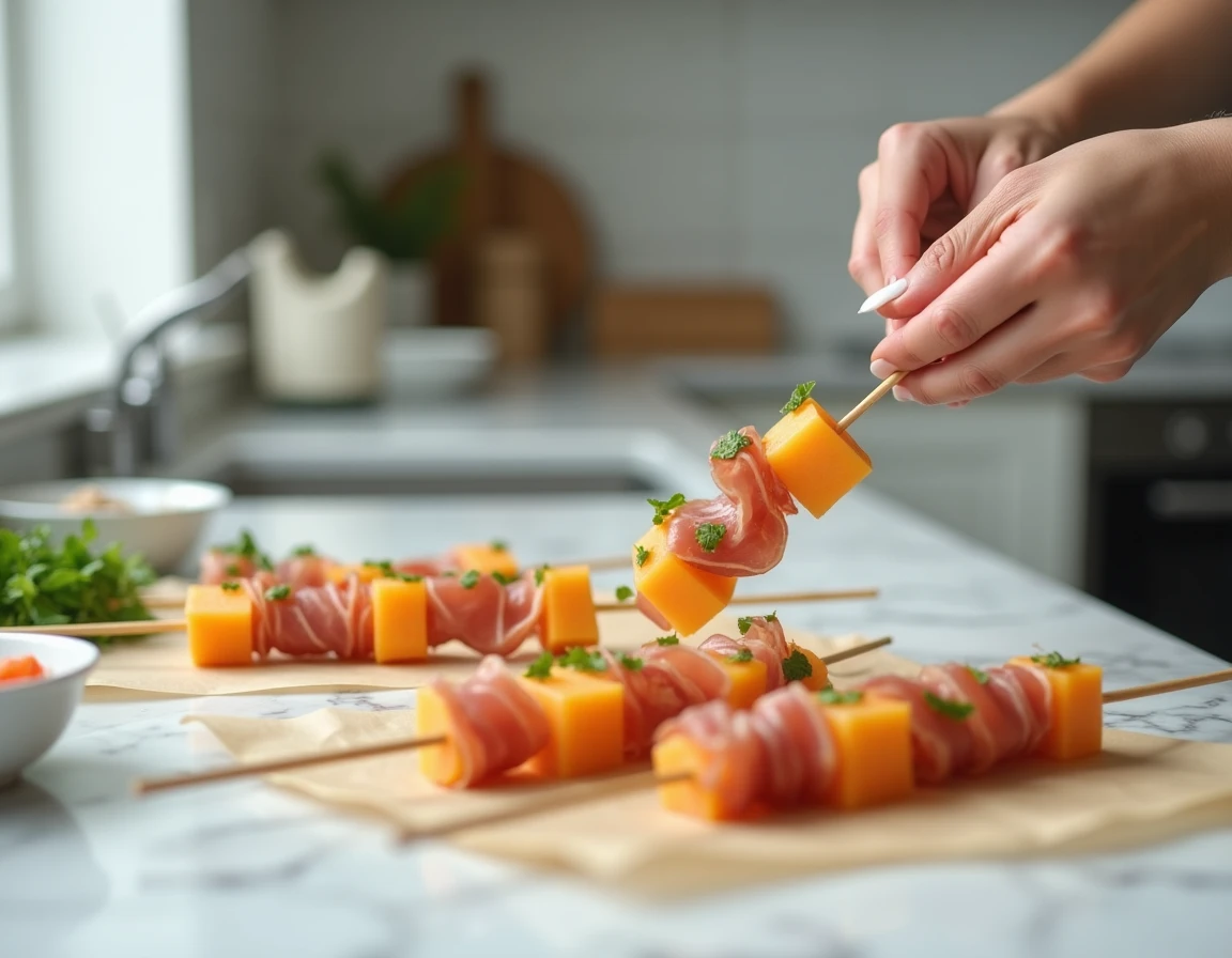 Préparation de brochettes apéritives faites la veille avec jambon et melon sur un plan de travail en marbre dans une cuisine moderne