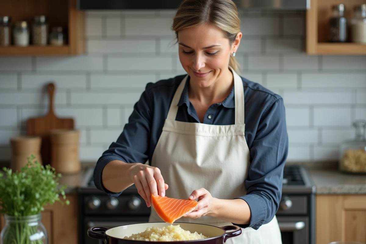 Femme cuisinant une choucroute aux poissons dans une cocotte en fonte émaillée dans une cuisine moderne