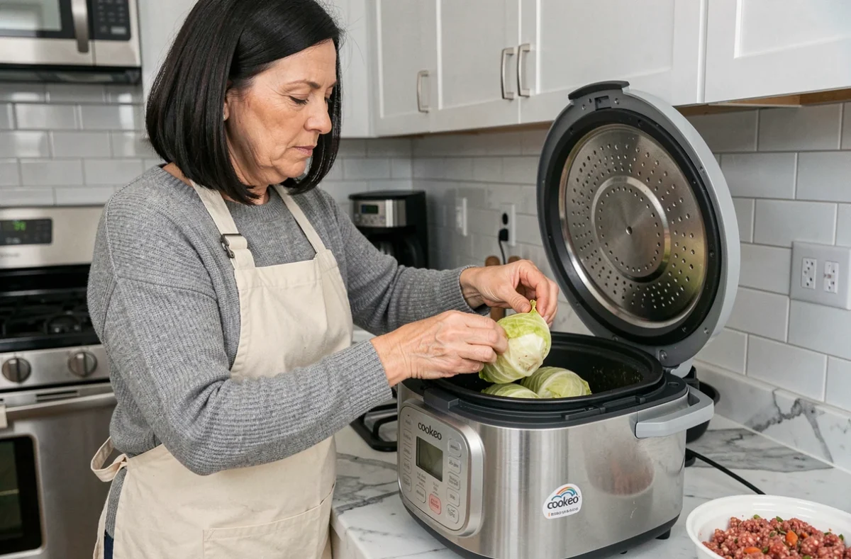 Femme en tablier préparant des choux farcis et les déposant dans un Cookeo ouvert sur un plan de travail en marbre dans une cuisine moderne