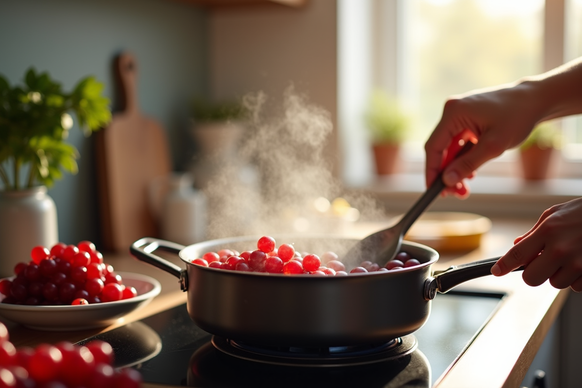 Mains remuant une casserole de groseilles en cuisson