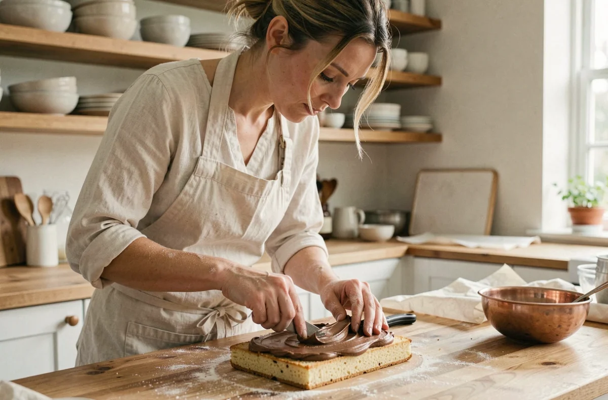 Boulangère amateur étalant la crème au beurre café sur un biscuit Joconde lors de la préparation d'un gâteau opéra maison