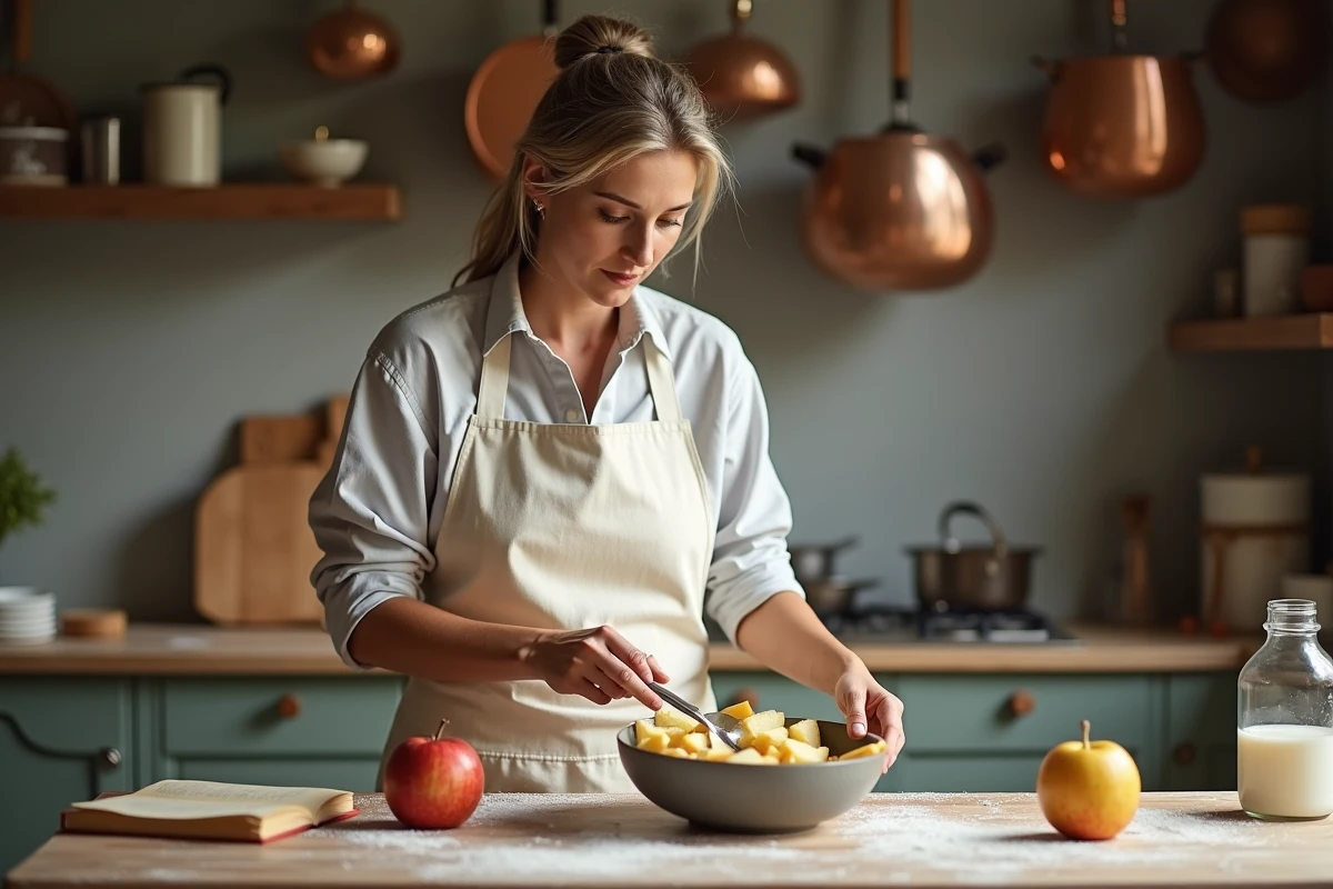 Femme préparant la pâte d'un gâteau au yaourt pomme en suivant la recette de Cyril Lignac dans une cuisine campagnarde