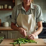 Femme préparant des haricots verts frais du jardin sur une planche en bois dans une cuisine rustique