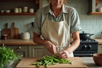 Femme préparant des haricots verts frais du jardin sur une planche en bois dans une cuisine rustique