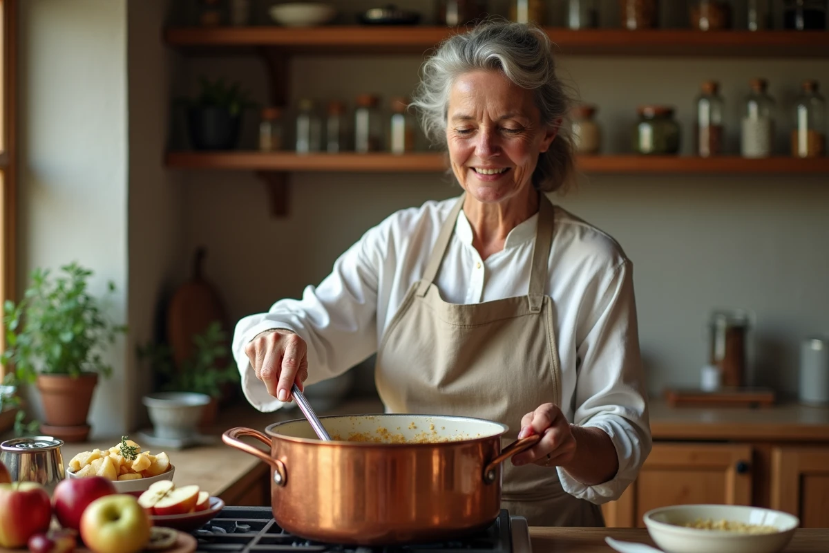 Femme en tablier de lin remuant une pâte de fruit à la pomme dans une casserole en cuivre sur une cuisinière de campagne