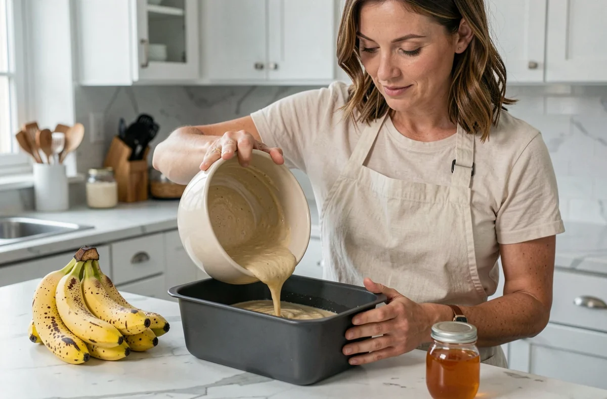 Femme versant la pâte à pain aux bananes sans sucre raffiné dans un moule à cake dans une cuisine moderne