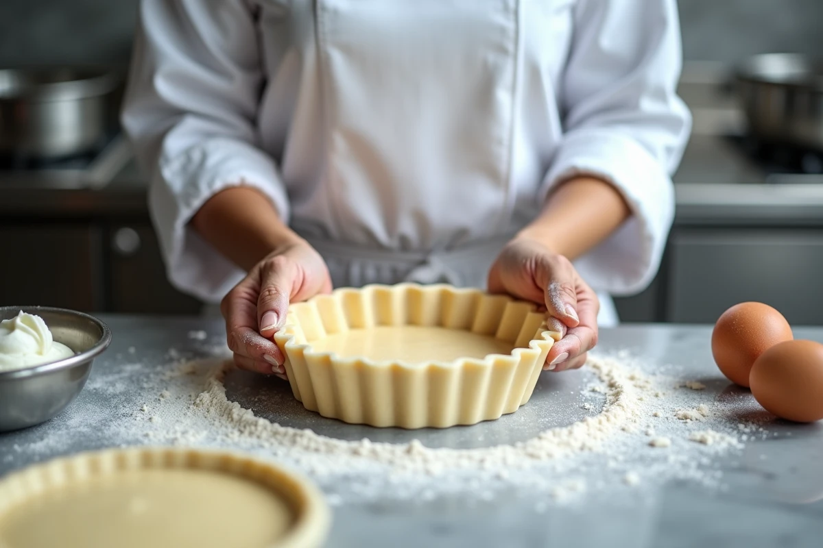 Chef cuisinière fonçant une pâte brisée dans un moule à tarte cannelé sur un plan de travail en marbre dans une cuisine professionnelle