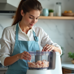 Femme en cuisine préparant du poulet avec robot moderne