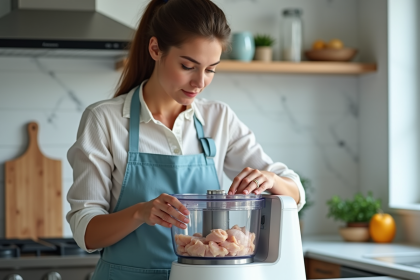 Femme en cuisine préparant du poulet avec robot moderne