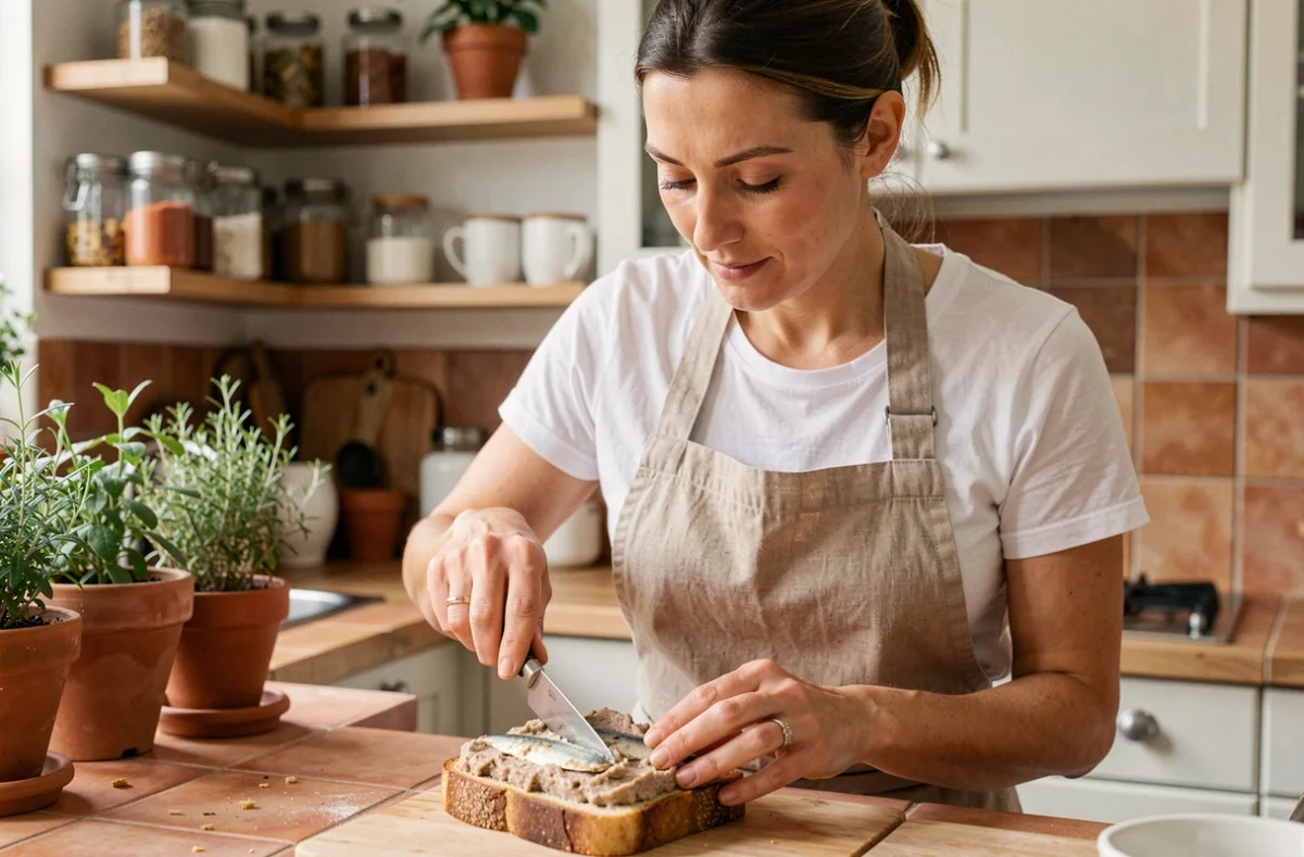 Femme préparant des tartines de rillettes de sardines dans une cuisine familiale lumineuse